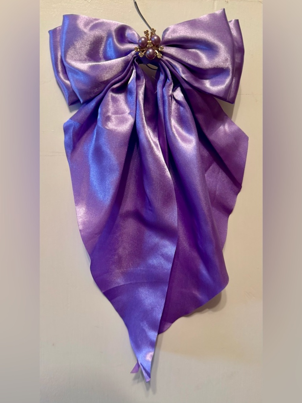 Satin Bow with Long Tails and Faux Pearl Jeweled Center Purple Hair Clip
